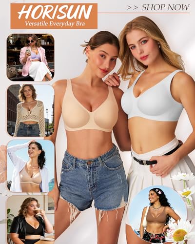 HORISUN Wireless Seamless Bras Deep V No Underwire Push Up Bra Full Coverage Comfort Support Bralettes for Women (White 40A) — view 6