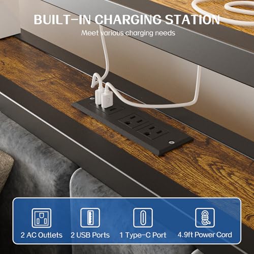 Image of Liians Twin Size Platform Bed Frame with LED Lights, Grey Upholstered Headboard with 2-Tier Storage Shelves, Charging Station, Noise Free, No Box Spring Needed, Easy Assemably