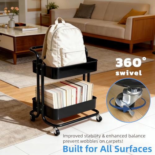Image of 2 Tier Rolling Utility Cart with Wheels All-Metal Short Pantry Cart Under Desk Storage Trolley with Handle, Small Rolling Storage Shelf for Small Space Kitchen Laundry Room Bathroom, Black