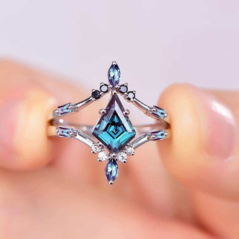 Alexandrite Ring Sets - Sterling Silver & Gold Kite Cut Alexandrite Rings with Moissanite - Engagement Ring Set - Free Engraving4