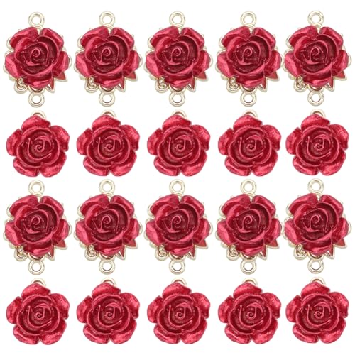 SUNNYCLUE 1 Box 24Pcs Valentines Day Rose Connectors Rose Flower Charms Bulk Alloy Gold Mini Red Floral Love Linking Connector Charm for jewellery Making Charms DIY Necklaces Earrings Wedding Craft
