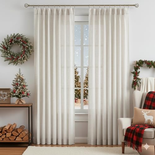 Vision Home Natural Pinch Pleated Semi Sheer Curtains Textured Linen
