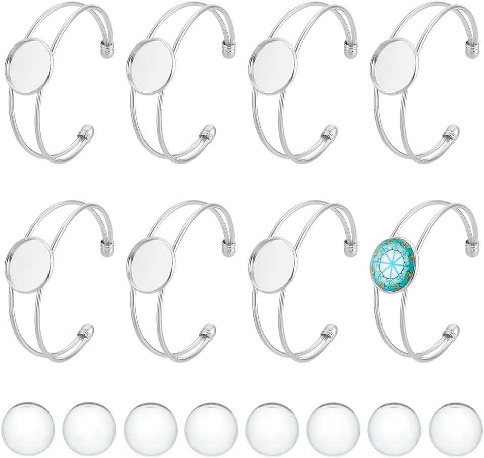 UNICRAFTALE 8Pcs Bezel Tray Blank Bangle Silver Adjustable Bezel Bracelets Cabochon Blank Bangles with 20mm Round Tray Blank Dome Cuff Bangle with 8Pcs Round Glass Dome for DIY Jewelry Making