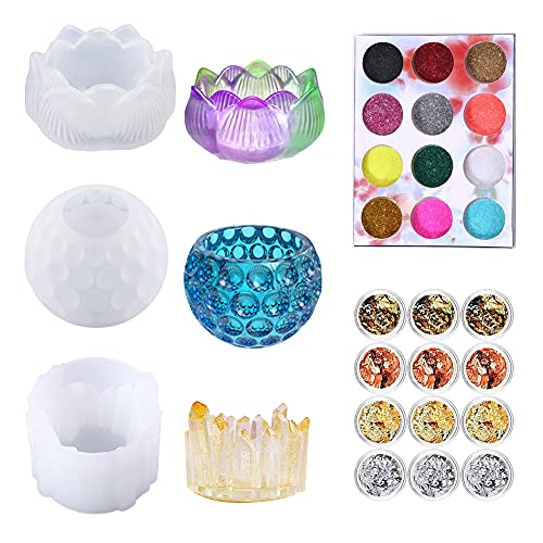Cayway 5 Pz Porta Vela Molde de Resina de Silicona Flor de Loto Moldes Resina Epoxi y Lentejuelas, Copos de Hoja de Oro para La Decoración del Hogar del Contenedor de Baratija del Joyero de Br