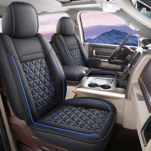 Image of Coverado Seat Covers for Dodge Ram, Waterproof Front Car Seat Covers for Truck Compatible with 2002-2026 Dodge Ram 1500 2500 3500 Crew Double Mega Quad Cab(Black&Blue line)