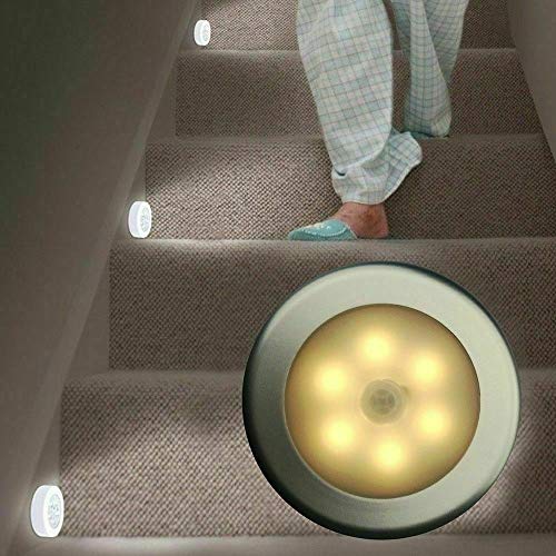 Riloer Luz Nocturna, 6 LED Debajo de la Luz del Gabinete, Luz de Pared con Sensor de Movimiento Inalámbrico PIR para Jardín, Patio, Pasillo, Estantería, Vitrina, Armario (Concha Blanca, Luz Cálida)
