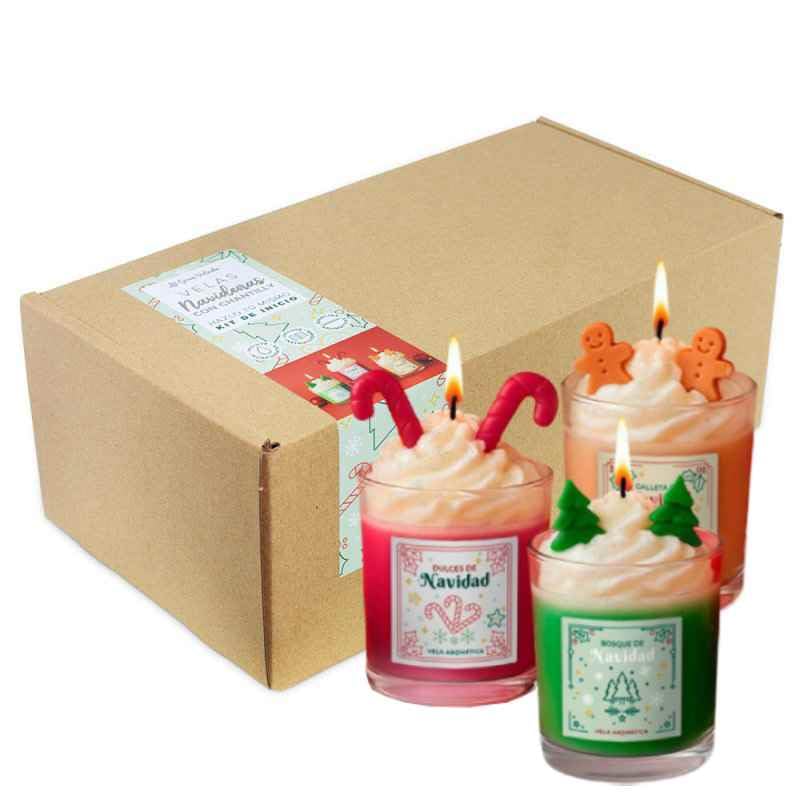 GRAN VELADA - Kit de fabrication de bougies de Noël avec chantilly | Set DIY pour 3 bougies en verre avec cire de soja, cire chantilly, colorants, essences, moules et décorations