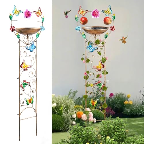 44" Height Bird Bath with Trellis for Climbing Plants Outside,Metal Antique Butterfly Heart Garden Plant Trellis with Detachable Bird Bath Bowl & Fruits Plants Support,Garden Patio Decor