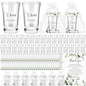 Uiifan 100 Sets Wedding Favors for Guest Wedding Short Glasses Cheers to Love Eat Drink and Stay Married Acrylic Clear Shot Glasses Wedding Thank You Cards with Organza Bags