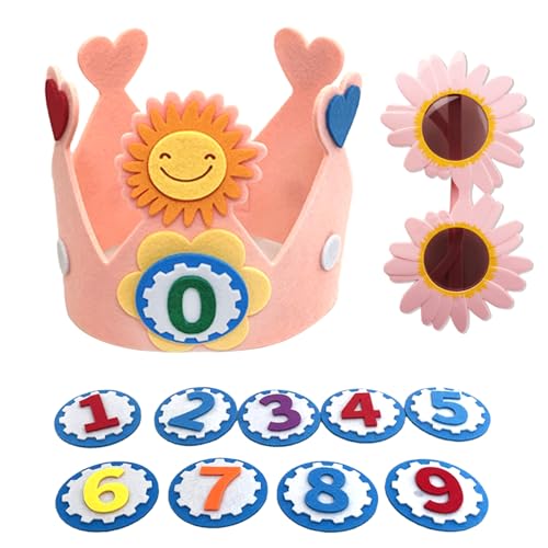 KASESSS Feltro Corona Compleanno Bambini Con Occhiali Da Sole Daisy,Rosa Coroncina Compleanno Con Numeri Intercambiabili Da 0 A 9, Riutilizzabile Cappellini Compleannos Per Bambini Festa