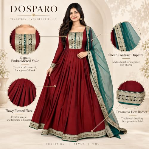 Image of Elegant Vichitra Silk Gown with Jacquard Zari Border - Includes Soft Net Dupatta with Lace Trim - Parrty Wear Ethnic Dress for Women & Girls