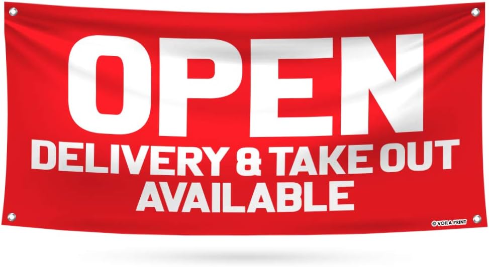 Open Delivery & Take Out Available Banner Sign - 13 oz Heavy Duty Open Delivery & Take-Out Vinyl Banner with Metal Grommets, A (24" x 72")
