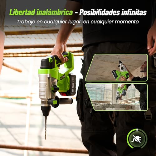 TaskStar 4 en 1 Martillo Perforador Inalámbrico 2.3J, Motor sin Escobillas, con 2 baterías de 4.0Ah 21V y cargador, Multifunción Taladro Percutor Portátil y Eficiente para Proyectos de Bricolaje - imagen 4