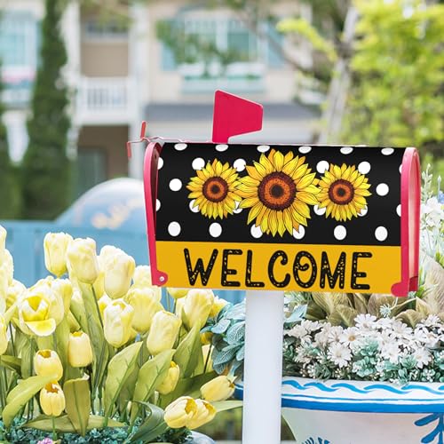 Image of Spring /Summer Sunflower Mailbox Cover - Magnetic Floral Black and White Dot Standard Size 18 X 21 Holiday Mailbox Wrap Post Letter Box Decorative for Home Outdoor Garden