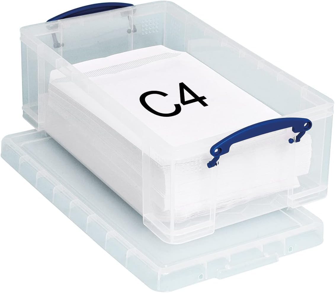 Really Useful Box Set 4 x 12 Liter Aufbewahrungsbox transparent mit Deckel und Griffen stapelbar BPA frei Kunststoffbox für A4 Dokumente Kabel Büro Haushalt