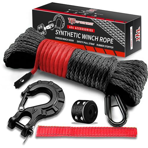 TYT Off-Road Winch Rope Kit - 1/4x50 10000 Lbs Black Synthetic Cable with Protective Sheath Heavy-Duty Hook Safety Pull Strap & Rubber Stopper Ideal for 4WD ATV UTV Vehicles Grey (JPS1450IG)