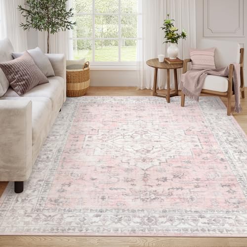 LIVEBOX Alfombra bohemia lavable de 8 x 10 pies para dormitorio de niñas, alfombras de área rosa claro para habitación de niñas, alfombras bohemias suaves para sala de estar, alfombra floral de pelo