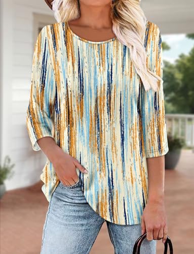 KISSMODA Tunic Tops for Women Loose Fit Dressy Round Neck Pleated 3/4 Length Sleeve Spring Tops