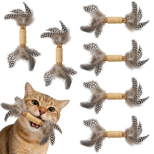 MOTIBACK 6 Pack Matatabi Stick Katze Katzenspielzeug Zweig mit Sisal und Federn Handgefertigtes Natur Zweig Spielzeug mit Spotted Federn für Indoor & Outdoor Katzen