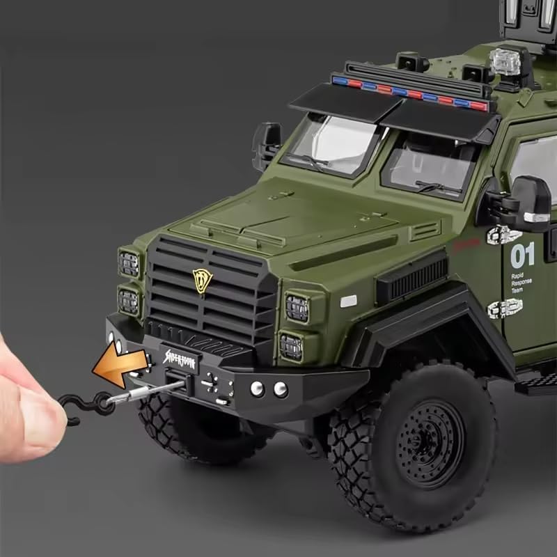 Image of 1:24 Armored Police Car with Tooth Tiger Explosion Proof Die-Cast Model Metal Pull-Back Car with Lights & Sounds with 4 Opening Doors Kids' Best Showpiece Toy Car (1:24 Armored Police-Green Color)