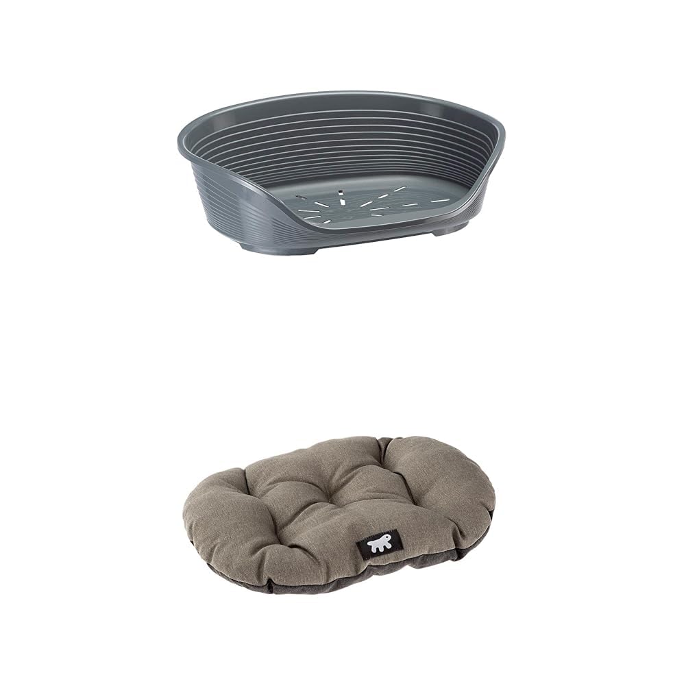Ferplast Cuccia per Cani e Gatti in plastica Lavabile, Traspirante e Antiscivolo, con Cuscino Imbottito in Cotone, 70,5 x 52 x 23.5 cm Grigio