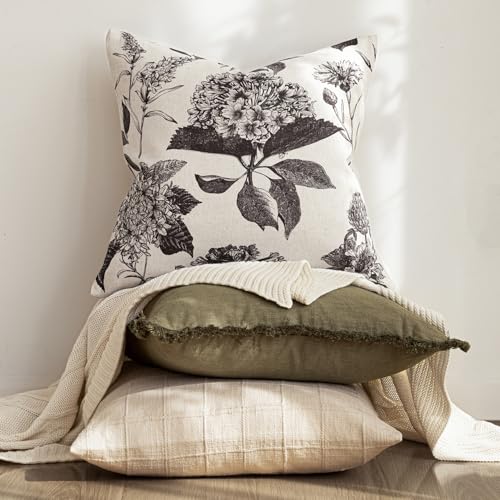 Image of Foindtower Set of 2 Linen Floral Vintage Throw Pillow Covers Neutral Accent Print Decorative Cushion Covers Farmhouse Boho Home Decor for Sofa Chair Couch Bedroom Living Room,18x18 Inch,Black