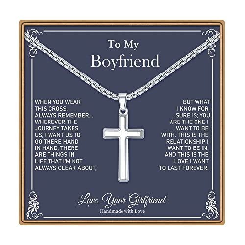 Ieftop Cross Necklace Gifts For Boyfriend, Stainless Steel Silver Religious Gifts Cross Necklace For Men Boyfriend Necklace Valentines Day Gifts For Him Anniversary Birthday Gifts For Boyfriend #TOP4