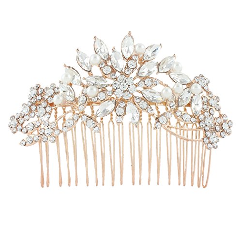 EVER FAITH Flower Leaf Hair Comb Clear Austrian Crystal White Simulated Pearl