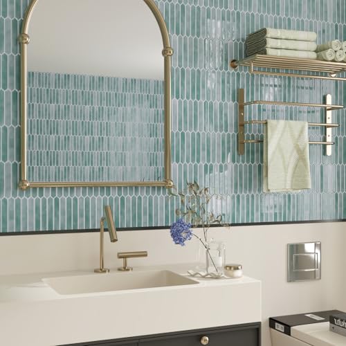 CRE8TIVE 16 Sheets Green Long Hexagon Tile Kitchen Backsplash Tiles Peel and Stick Backsplash for Bathroom Waterproof Self Adhesive Back Splash Stick on Tile for Laundry Room Shower Wall Tiles 12"x12"