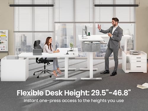 Image of SEDETA L Shaped Electric Standing Desk with File Cabinet, 63 x 53'' Height Adjustable Home Office Computer Desk with Drawers, Power Outlet, Stand up Gaming Table with Led Lights, Keyboard Tray, White