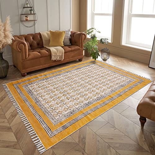 Hand Made Area Rug Bohemian Yellow Rug, Flat Woven Geometric Throw Rug For Living Room Bedroom Entryway Hand Block Printed Cotton Dhurrie For Bedroom 240X300 Cm (8X10 Feet) #TOP1