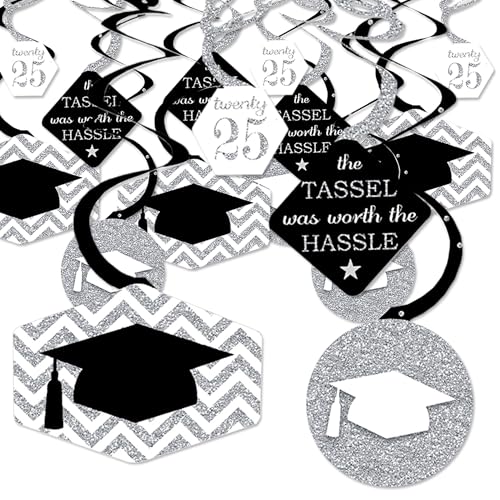 Big Dot of Happiness Silver Graduation Class of 2025 Decorations Hanging Swirls - Set of 40