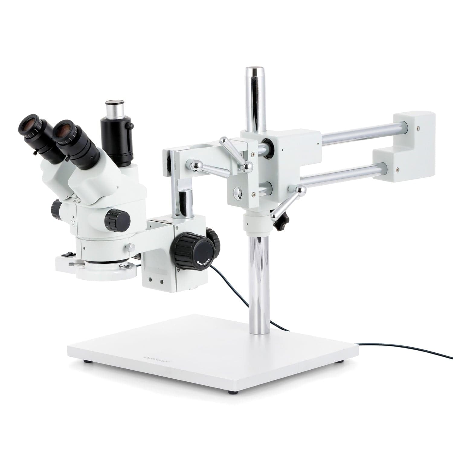 AmScope SM-4NTP-FRL Simul-Fokales Stereo Zoom Mikroskop auf Doppelarm-Auslegerständer mit Fluoreszierendem Licht, 7X-45X, Weiß