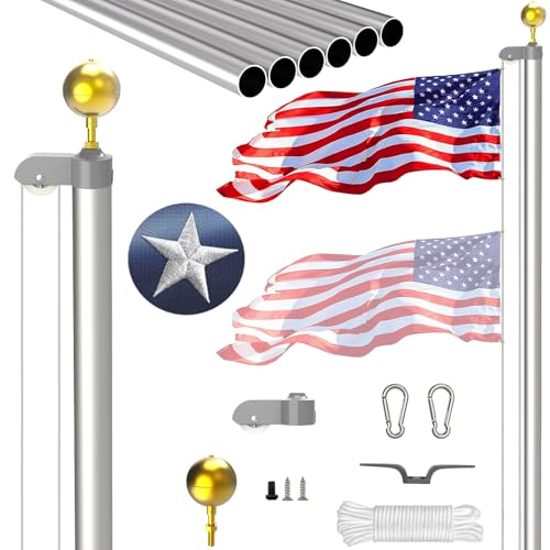 SKGPOLE 25FT Sectional Flag Pole Kit Extra Thick Heavy Duty Aluminum Flagpoles for Outside House Inground with 3*5 American Flag and Black Ball Topper for Residential or Commercial Use Silvery