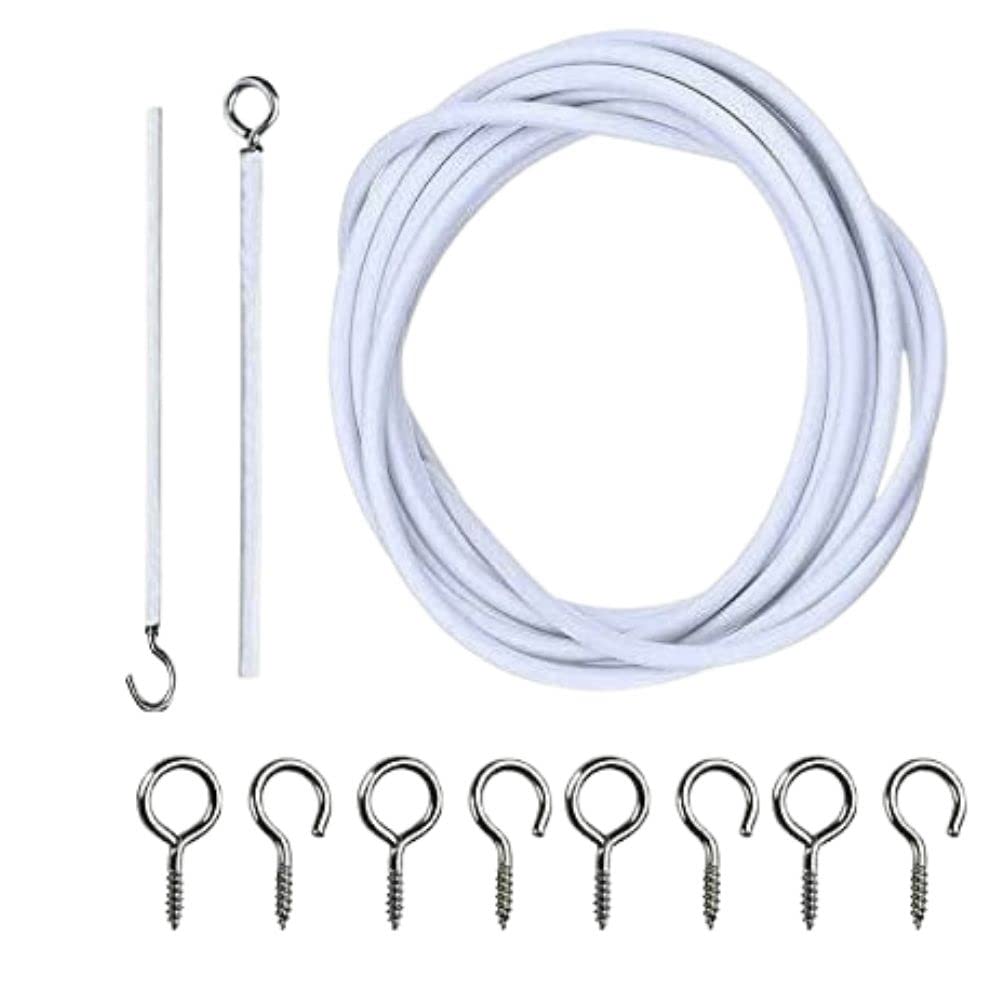 Curtain Wire Net with Hooks & Eyes Set Cord Cable and Eyes Hook for Net Curtains Rail Net Curtain Tension Rod Curtain Hooks Plastic White Curtain Wire 3 meter Kit.