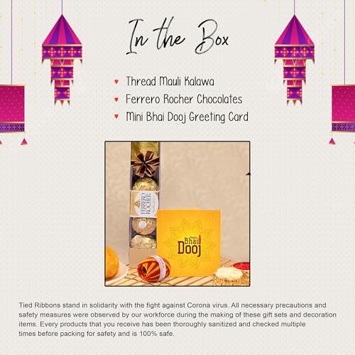 Image of TIED RIBBONS Bhai Dooj Gift Set for Brother with Chocolate - Ferrero Rocher Chocolates with Greeting Card and Kalawa Moli Roli Chawal Tika Hamper Pack