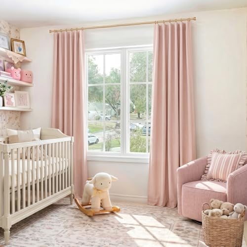 Image of INOVADAY 100% Blackout Curtains for Bedroom, Blush Pink Black Out Curtains 63 Inch Long, Clip Rings Linen Blackout Drapes, Thermal Insulated Room Darkening for Living Room, 2 Panels - W50xL63