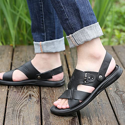 CLSQLXYJZC Mens Leather Cross Strap Sandals, Summer Cowhide Open Toe Beach Slippers, Outdoor Concave and Convex Anti-skid Texture Walking Sandals2