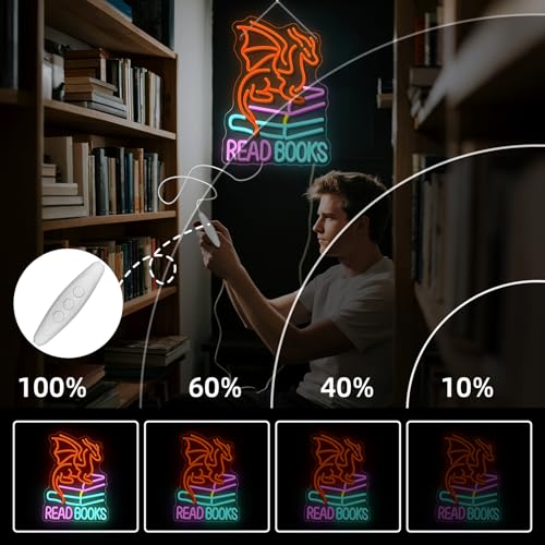 Image of Book Dragon Neon Sign Library Dragon Decor Cool Kids Read Books Reading Corner for Kids Neon Signs for Wall Decor LED Light Library Classroom Book Club Christmas Gift for Teens