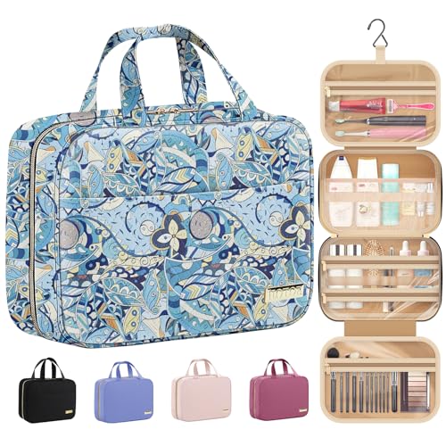 HOTOR Travel Toiletry Bag w/Hanging Hook - Spacious Toiletry Bag Essentials for Women & Men, Makeup Bag/Big Comparment, Waterproof for Travel Accessories, Medium, Blue Flower