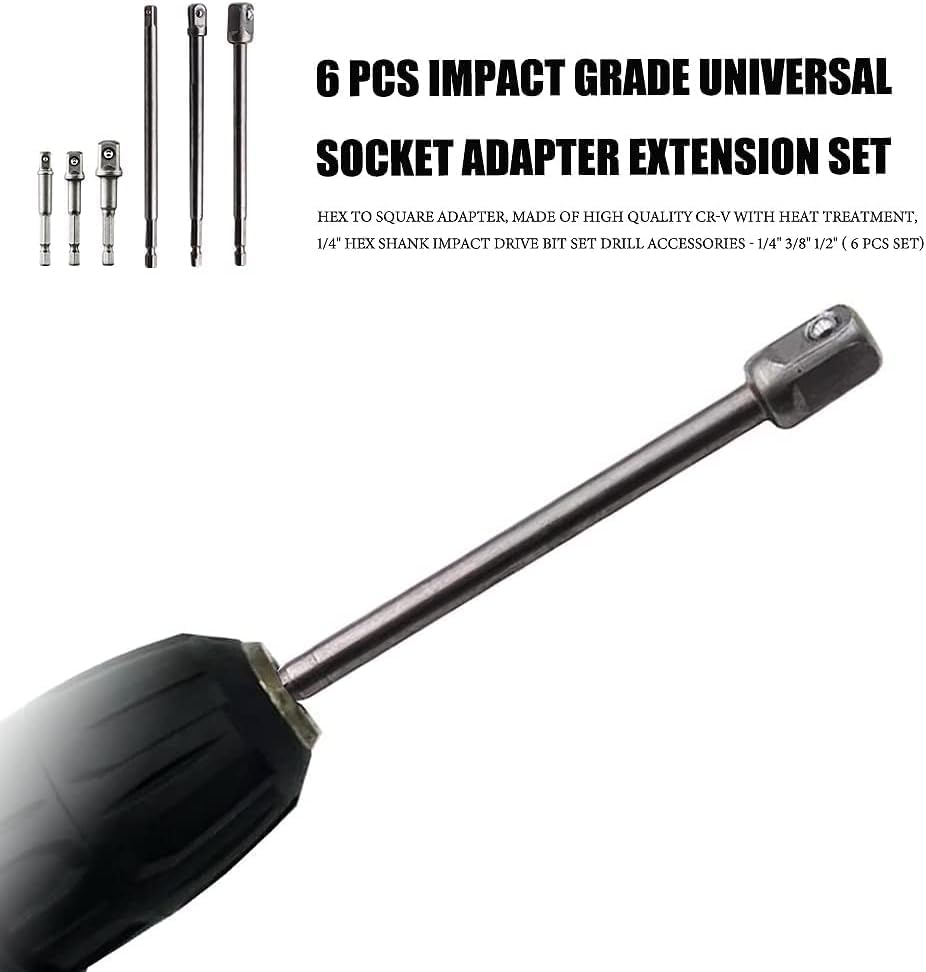 Image of AASONS Impact Socket Adapter Set 6 Pcs For Tight Spaces Power Bit Holder 1 /4 inch 3 /8 inch 1 /2 inch Hex Shank Impact Driver Holder, 50-150mm Extension Rod Nut Setter Attachment