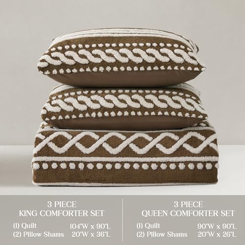 Image of Wonderful Tufted Boho Comforter Queen, 3 Piece Flanel Fair Isle Geometric Jacquard Lightweight Comforter with Washed Brushed Backing, Skin-Friendly Rustic Plush Blanket for All Season, Brown, 90 inchx90 inch