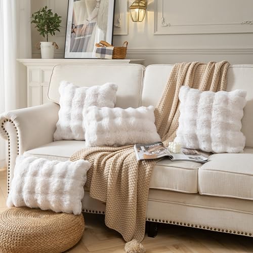 2er Set Plüsch Kissenbezug Dekorativ Sanft Kurze Wolle Samt Zierkissenbezüge Luxus Square Kissenhülle für Sofa Couch Wohnzimmer 30x50 cm Cremeweiß – Bild 3