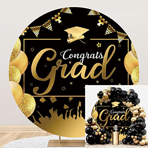 OERJU 7.2x7.2ft Graduation Round Backdrop Cover Congrats Grad Round Backdrop Bachelor Cap Black and Gold School Graduation Celebration Party Decorations Photography Background Photo Studio Props