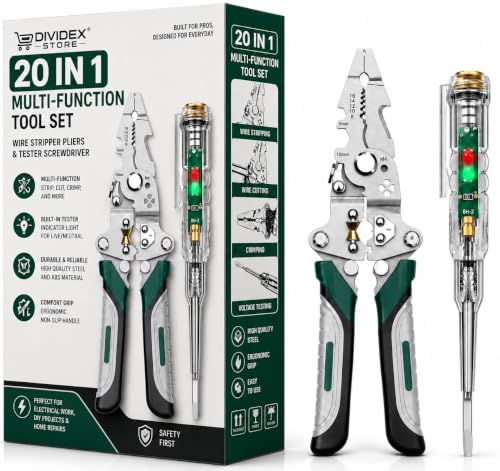Image of 20-in-1 Wire Stripper Tool Kit with Tester Screwdriver | Multi Function Wire Stripping, Cutting & Crimping Pliers | Electrical Repair Tool for Electricians, Cable, DIY, Home & Professional Use