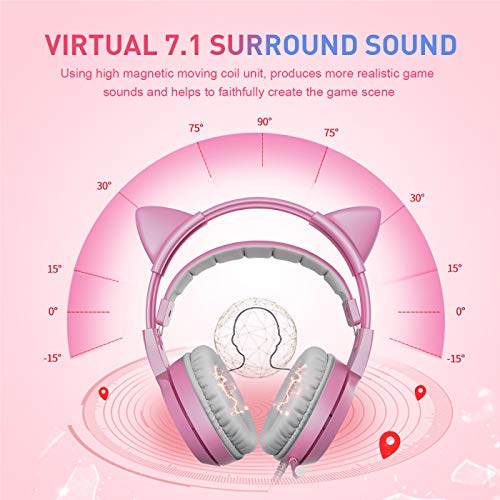 Somic G951 Cuffia da gioco Rosa per PS4 PC, 7.1 Cuffie con orecchio Cat staccabile Virtual Surround Sound con LED, Microfono per Ragazze (Jack USB)