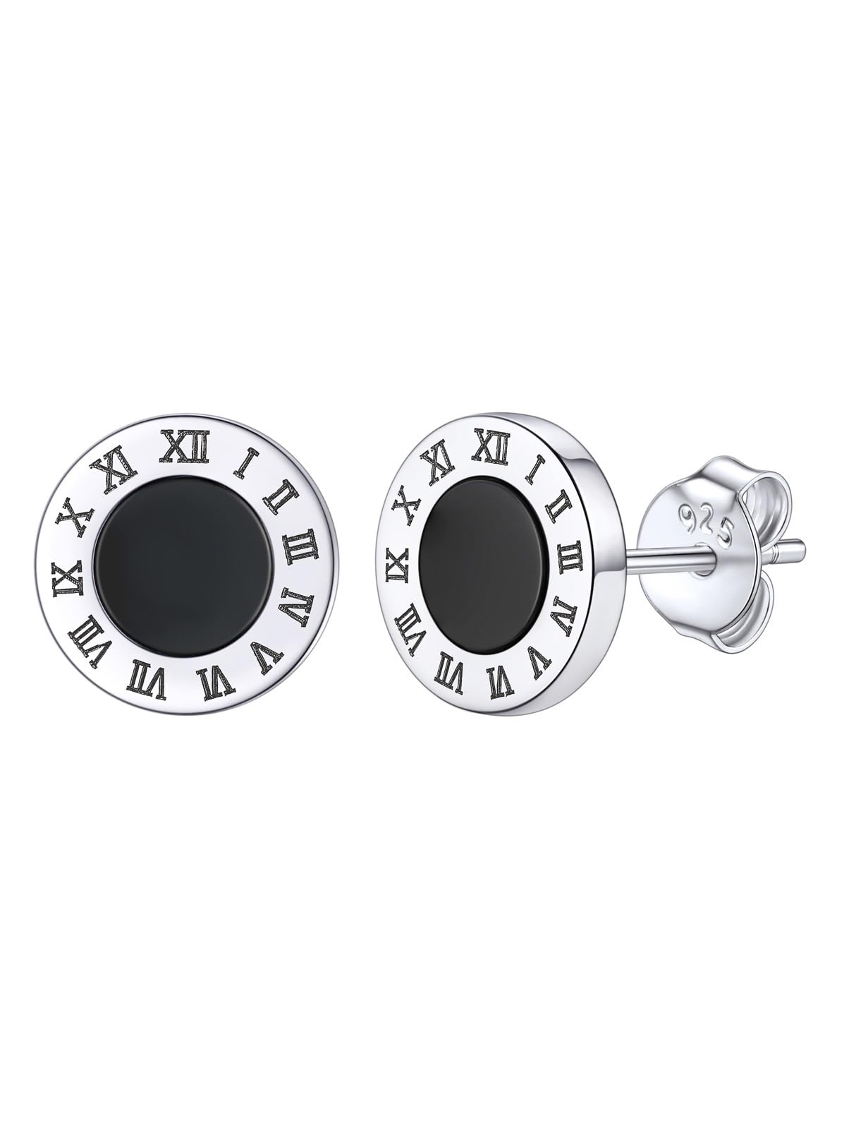 Silvora Pendientes Números Romanos Plata 9.25, Pendientes Hipoalergénicos Planos con Piedras Negras para Hombres Mujeres
