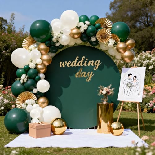 Image of Blocesa Emerald Green White Gold Balloon Arch Kit, Double Stuffed Dark Green Balloons Hunter Forest Green Chrome Gold Pearl White Sand Ivory Balloons for Wedding Birthday jungle Safari Party Decor
