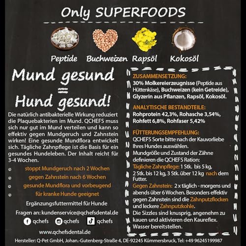 QCHEFS 2X Sizzles: Hunde Zahnpflege antibakteriell gegen Mundgeruch und Zähne geputzt- als getreidefreie-hypoallergene Leckerlis nach dem Hundefutter-perfekt