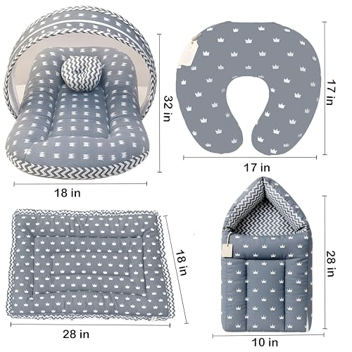Image of Fareto Baby Bed | Carry Bag | Fedding Pillow | Hand Carry Bed | Combo of Bedding Essentials (Grey Crown)